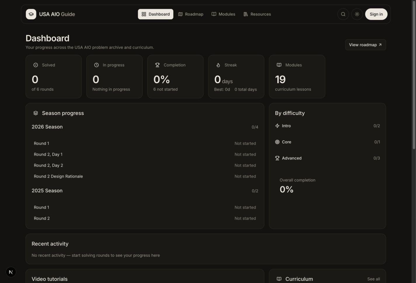 USA AIO Guide dashboard showing progress, seasons, and curriculum